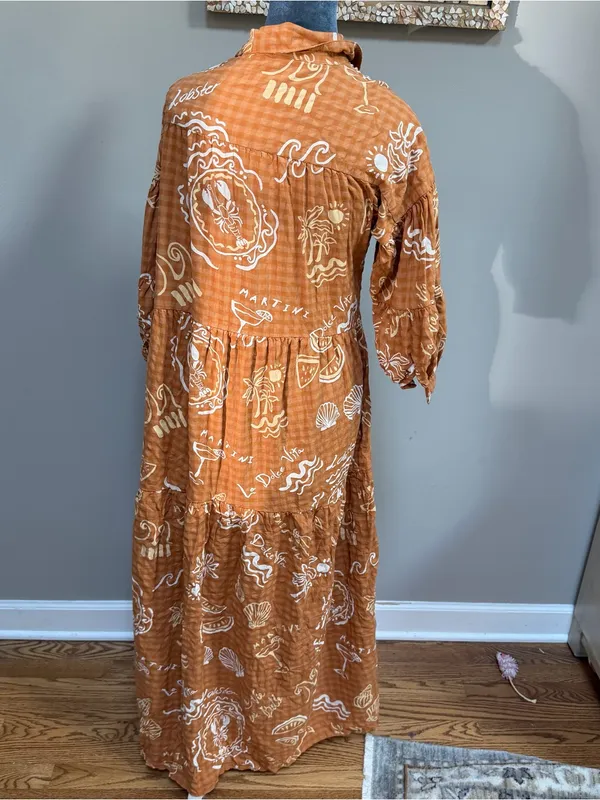 Anthropologie Carolita Printed Tiered Maxi Shirt Dress Small Beach Ocean Theme - Image 6