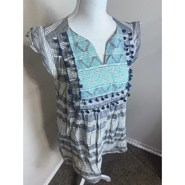 THML Womens Striped Boho Embroidered Pom Pom Trim Shift Dress Grey Blue TM3130 M - Image 2