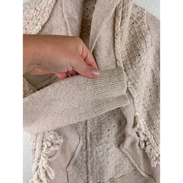 Anthropologie Knitted & Knotted Cardigan Wool‎ Sz S Beige Crochet Fringe Boho - Image 2
