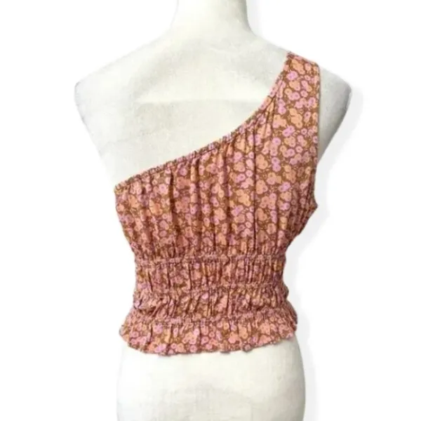 BP Allison One Shoulder Crop Top Floral Pattern Shirred Waist Pink W Small NWOT - Image 5