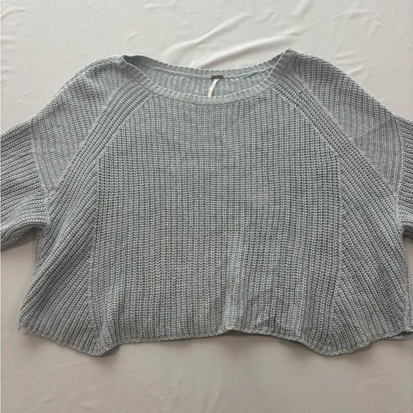 Free People Grey Ribbed Knit Cropped Short Sleeve Boxy Sweater Cotton Blend XS‎ - Image 5