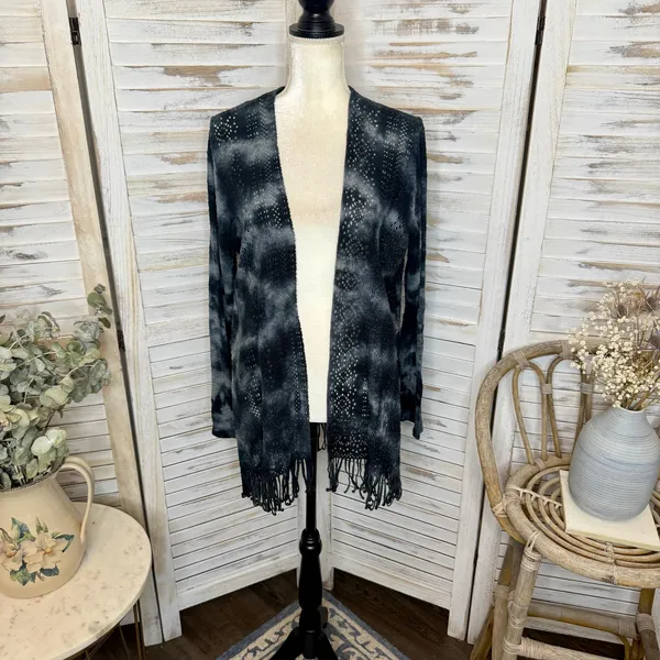 XCVI Women's L Cotton Fringe Open Crochet Knit Cardigan Sweater Bleached Tie Dye - Image 13