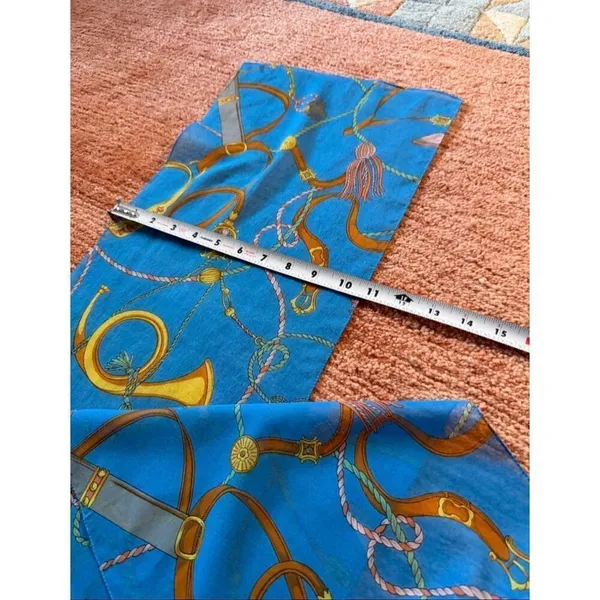 Blue Silk Equestrian Print Scarf Horses Harness Bridle Pattern - Image 2