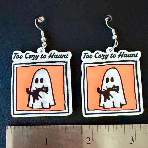 "Too Cozy to Haunt" Ghost & Black Cat Halloween Dangle Earrings 👻🐈‍⬛ - Image 2