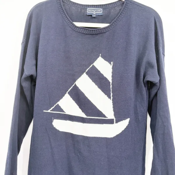 Duffield Lane Womens Navy Blue Sailboat Nautical Preppy Pullover Sweater Size S - Image 3