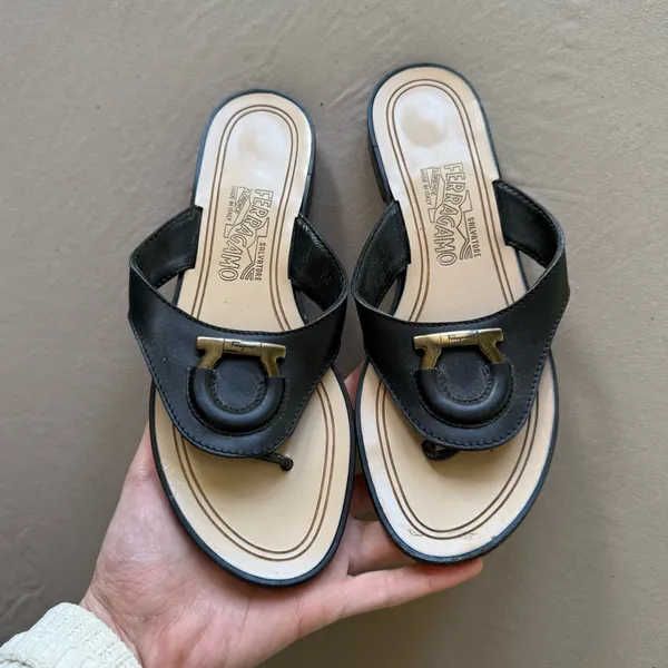 Salvatore Ferragamo Leather Gancini Thong Sandals - Image 2