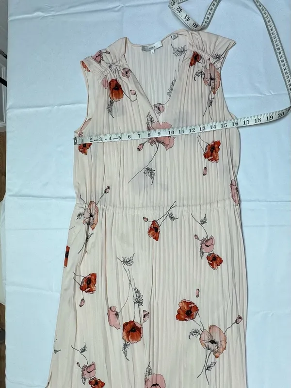 Vince‎ Tossed Poppy Pink V-Neck Pleated Midi Sleeveless Dress - Size S. - Image 12