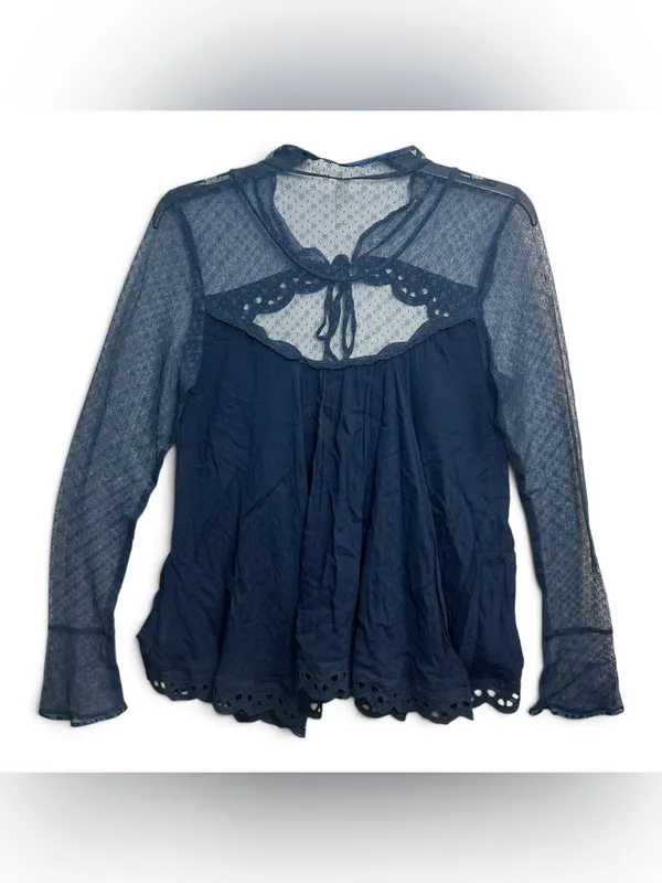 Free People Navy Blue Sheer Lace Eyelet Long Sleeve Boho Blouse Top Size M - Image 3
