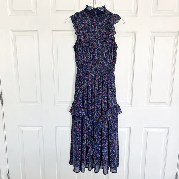 Lulus Evalina Navy Blue Floral Print Mock Neck Sleeveless Ruffle Midi Dress - Image 4
