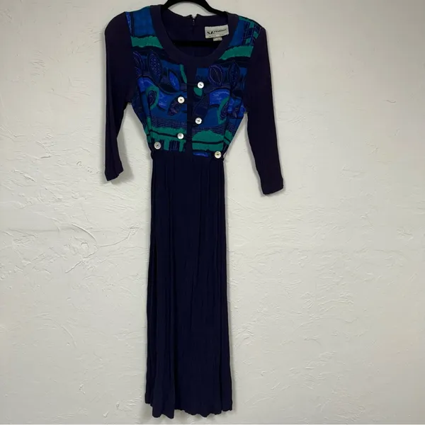 Vintage Blue Crepe Midi Dress Womens 8 80s Embroidered Short Sleeve Green Fall - Image 11