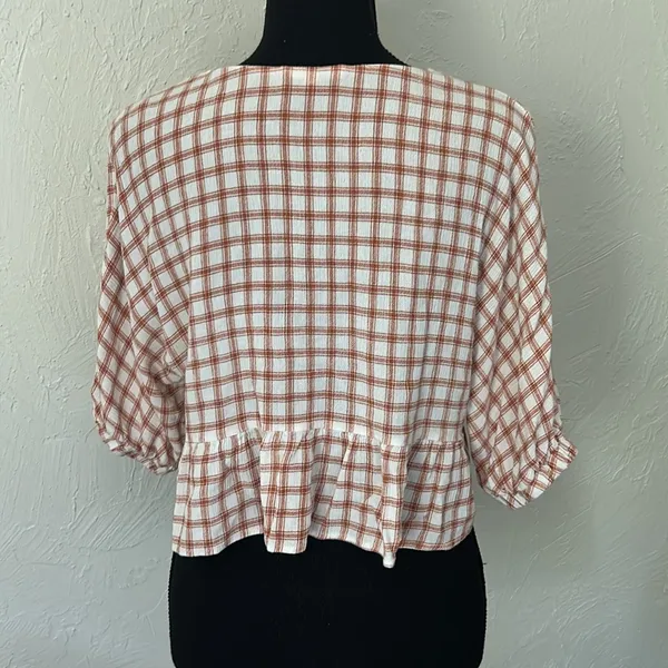 Newbury Kustom Plaid orange & white ruffle crop top w/ quarter sleeves & button down - Image 4