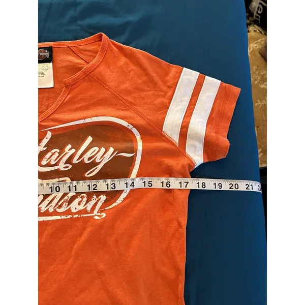 Harley Davidson T Shirt Orange & White Striped Sleeves Women XS Baton Rouge LA - Image 2