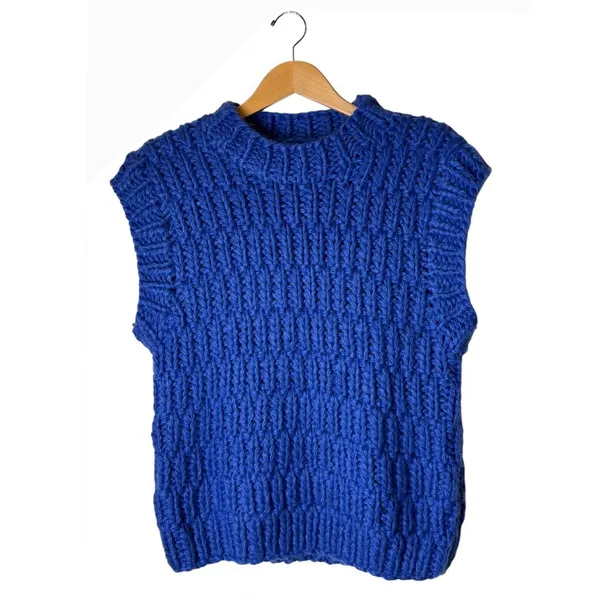 English Factory Sweater Vest Women Small‎ Blue Chunky Knit Oversized Preppy - Image 2