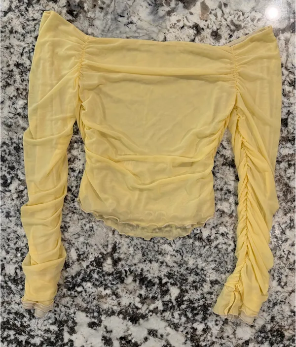 Free People Pale Yellow Off-Shoulder Mesh Top M - Image 4