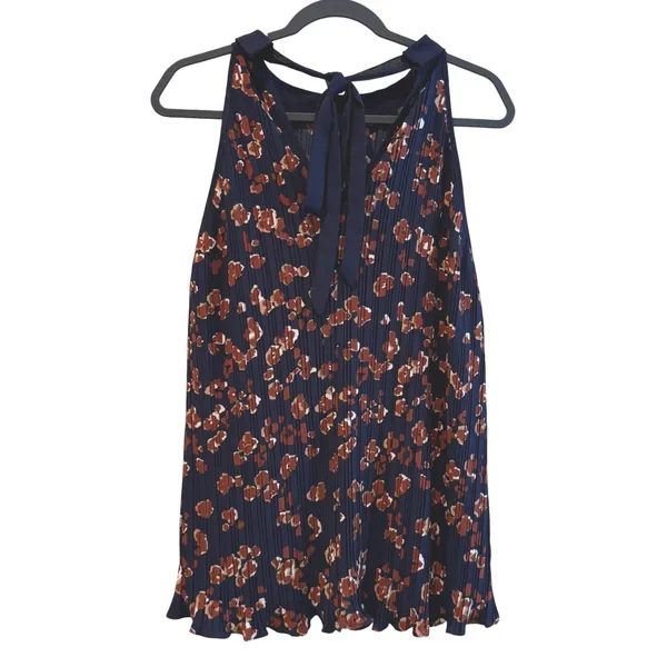 Entro Halter Blouse Navy Blue Floral‎ Pleated Boho Sleeveless Women Large - Image 4