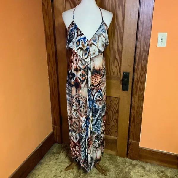 Lani Boho Plunging Maxi Dress Crochet Back Earthy Festival Hippie Chic Size M - Image 9