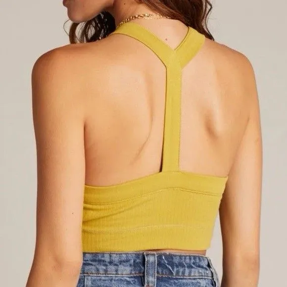 INTIMATELY FREE PEOPLE Catch Up Green/ Yellow Ribbed Crop‎ Top Women’s Size L - Image 2