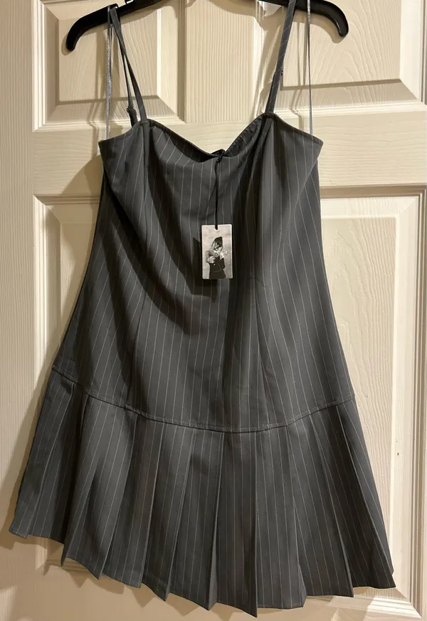 Sincerely Jules Pinstripe Pleated Drop-Waist 90s Vintage Aesthetic Mini Dress L - Image 10