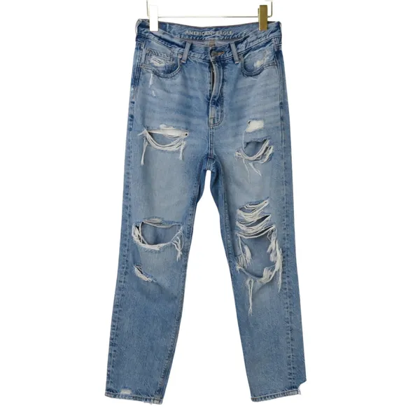 American Eagle Mom Jeans Medium Wash Ripped Straight Leg Jeans Size 4 Short - Image 3