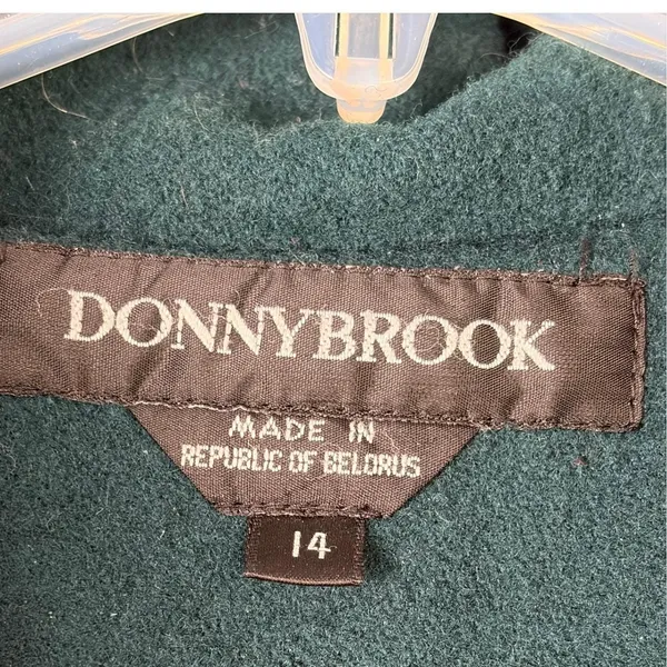 Donnybrook Wool Swing Coat Teal Green Rabbit Fur Trim Hood Vintage 90s Maxi 14 - Image 3