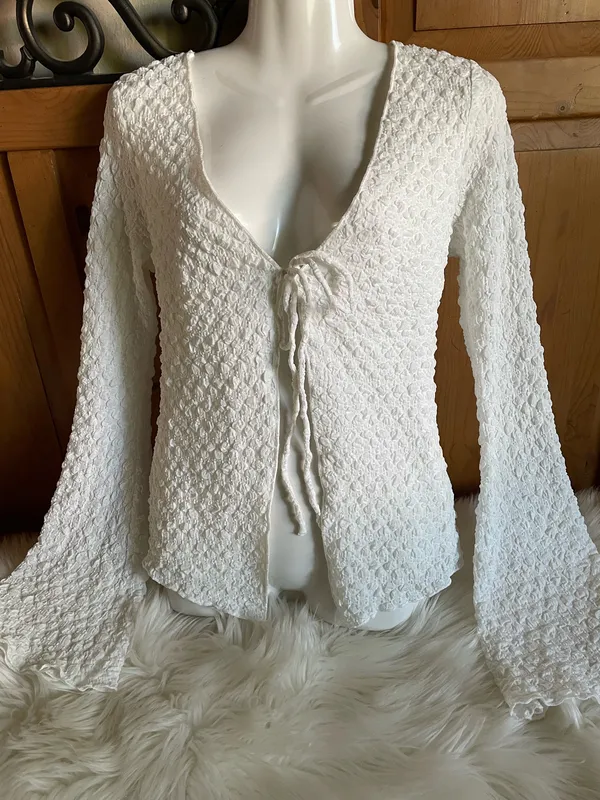 Princess Polly Swain knit open tie White Textured Tie Front Long Sleeve Knit Top - Image 3