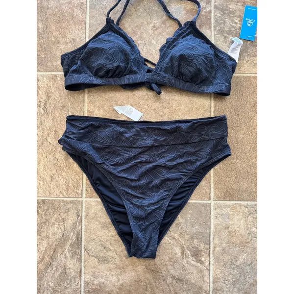 Cupshe Black Floral Jacquard Scalloped Bralette & High Waist Bikini Set Large - Image 3