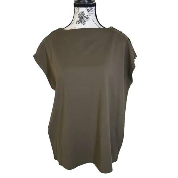 Women's Olive Green Blouse Size L Boat Neck Cap Sleeve Button Shoulder Relaxed - Image 2
