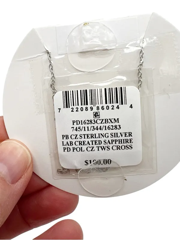 NWT Macy’s CZ & Sapphire Sterling Silver Cross Pendant Necklace Ornament Box - Image 8