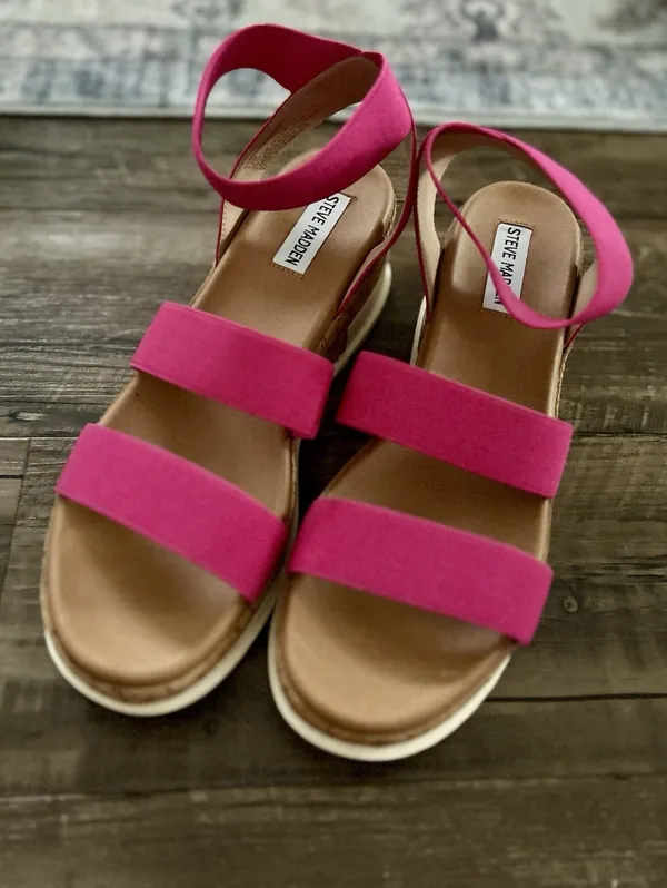 Steve Madden Bandi Fuchsia Pink Elastic Strap Cork Platform Wedge Sandals Sz 9.5 - Image 3