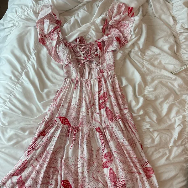 Red and white tropical floral mini dress - Image 2