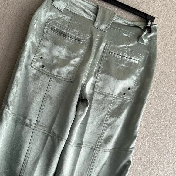 NEW Free People Ryder Pants L Metallic Silver Satin Moto Crop Vegan Shiny Green - Image 12