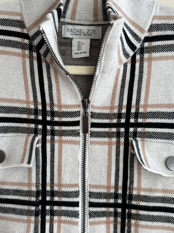 Rachel Zoe Women’s Plaid Sweater Jacket, Black/White/Tan, Fall Outerwear, Large - Image 9