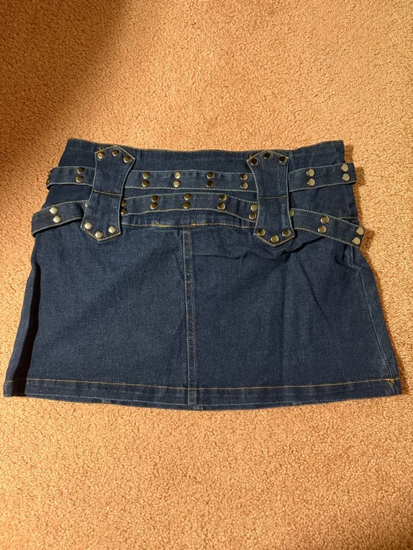 Dark Denim Mini Skirt with Double Belt Waist - Image 6