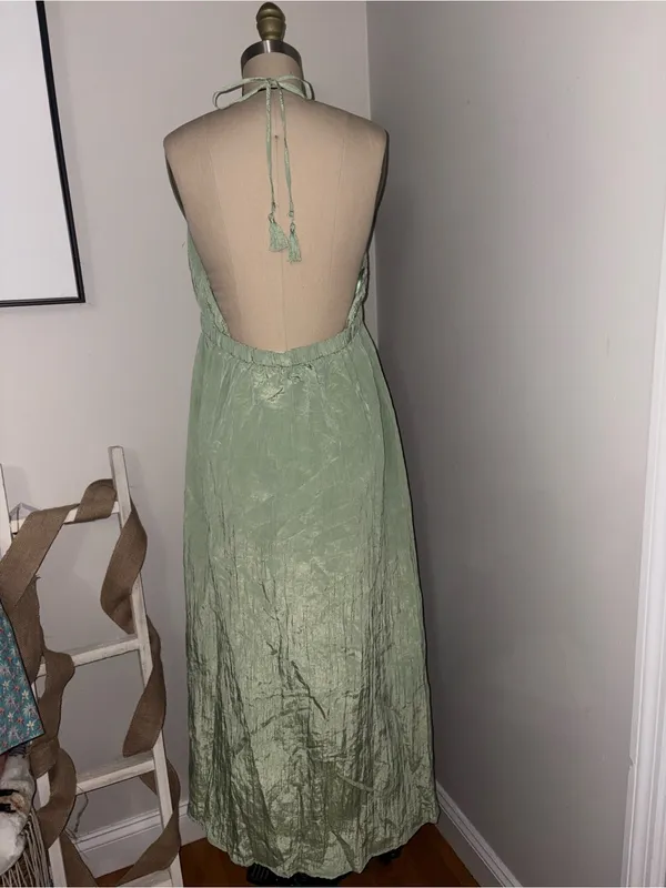 Ibiza by Anne Cole Green V-Neck Halter Maxi Dress w/ Jewel Trim Size Large - Image 5