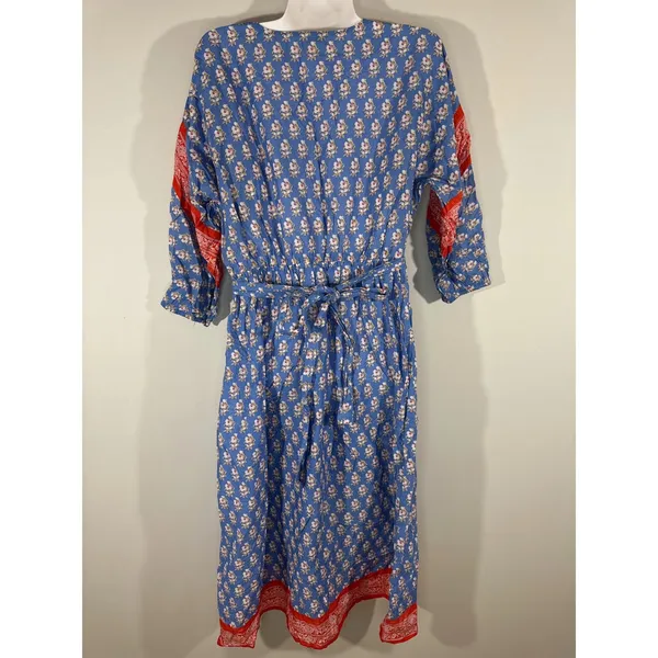 J. Crew Beachwear Blue Red Floral Block‎ Print Midi Dress Tie Waist Women's XS - Image 7