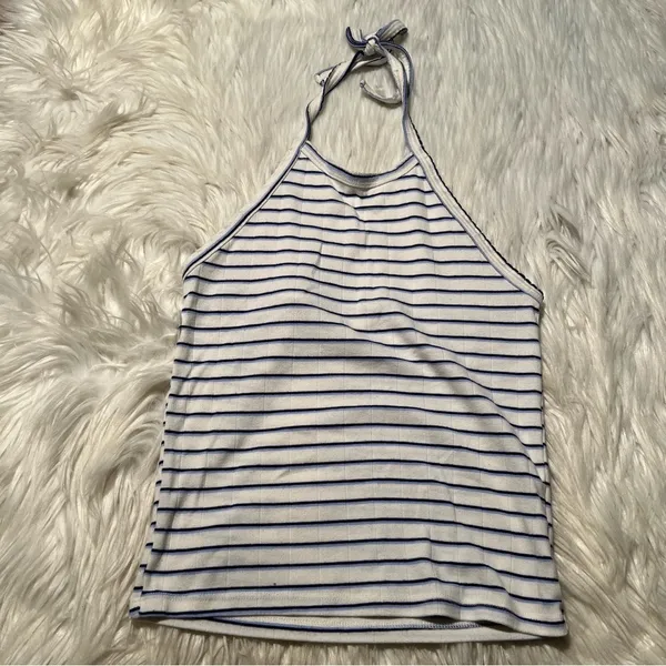 American Eagle Womens Size XS Halter Top White Navy Blue Stripes Textured Cotton - Image 2