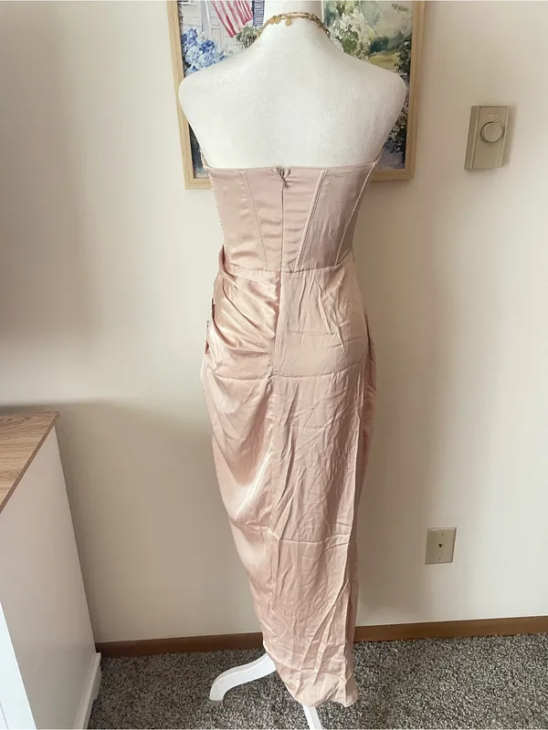 White Fox Boutique Ruched Wrap Front Corset Strapless Satin Midi Dress Medium - Image 5