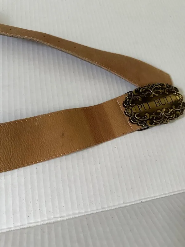 Vintage Pit Bull Leather Belt Antique Brass Buckle Tan Western Cowboy Unisex 40" - Image 5