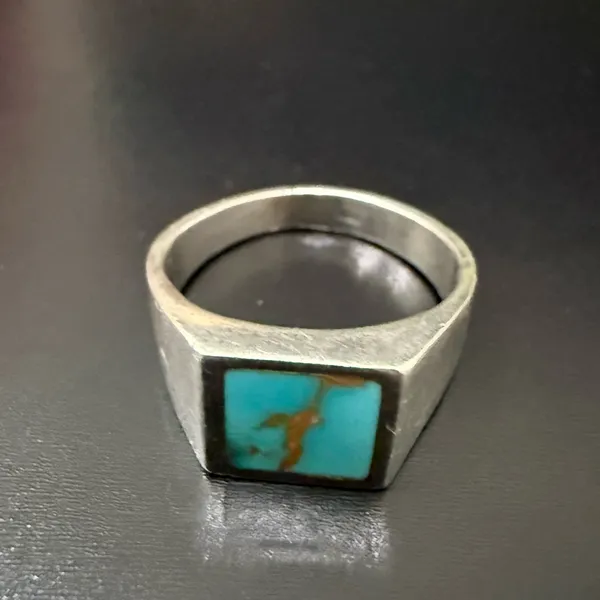 Vintage Sterling Silver Turquoise Inlay Signet Ring Size 7 - Image 3
