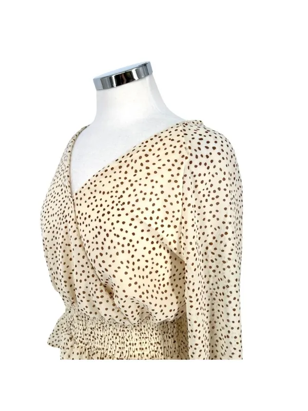 Japna Boho Romantic Peplum Retro Surplice Dot Blouse Cream Beige Size Medium - Image 4
