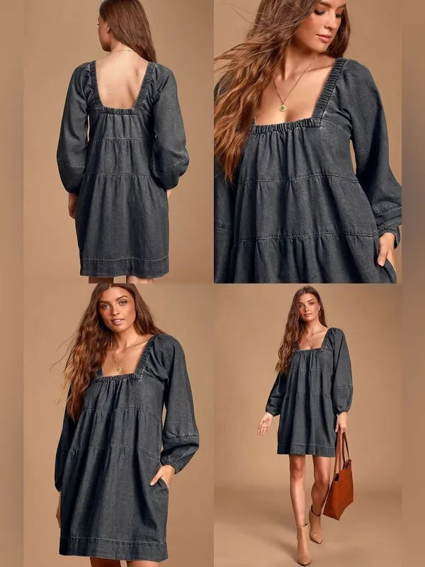 FREE PEOPLE Lou Jean Babydoll Dress in Black Grey Denim Oversized Boho Sz. S - Image 14