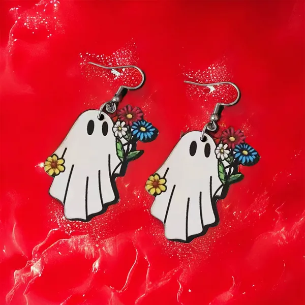 White Ghost Colorful Flower Design‎ Dangle Halloween Earrings Wooden Jewelry - Image 6