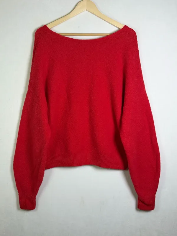 Madewell Women XL Wedged V Neck Sweater Red Merino Wool Blend Oversized Slouchy - Image 4