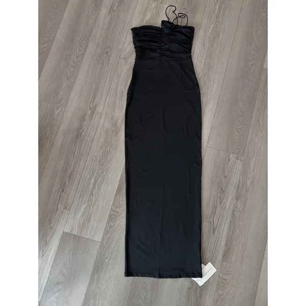 Commense Minimalist Bodycon Off Shoulder Black Rose Decor Ruched Maxi Dress S - Image 2
