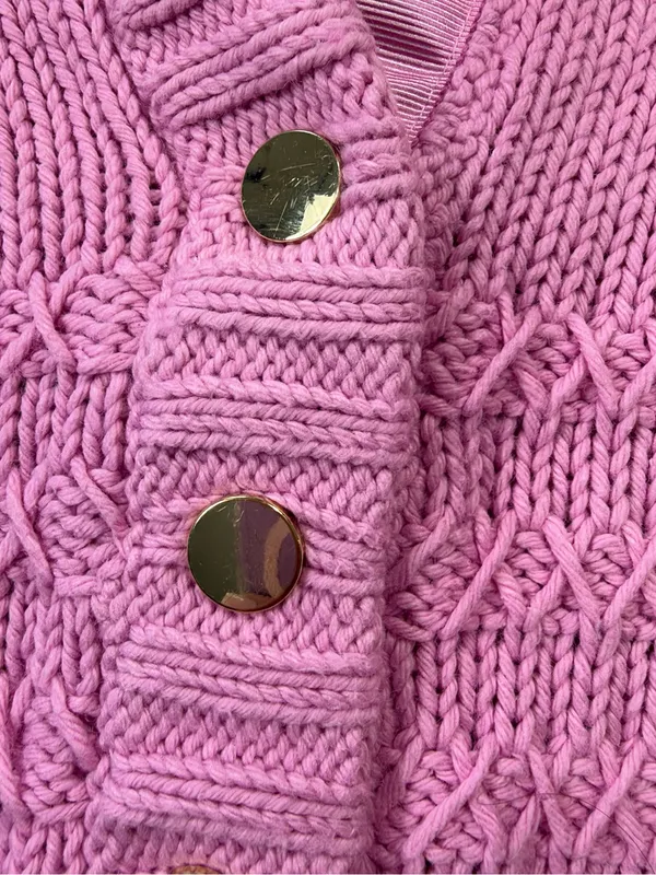 Talbots Cotton Wool Blend Rose Pink Buttoned V-Neck Textured Sweater Size Large - Image 6