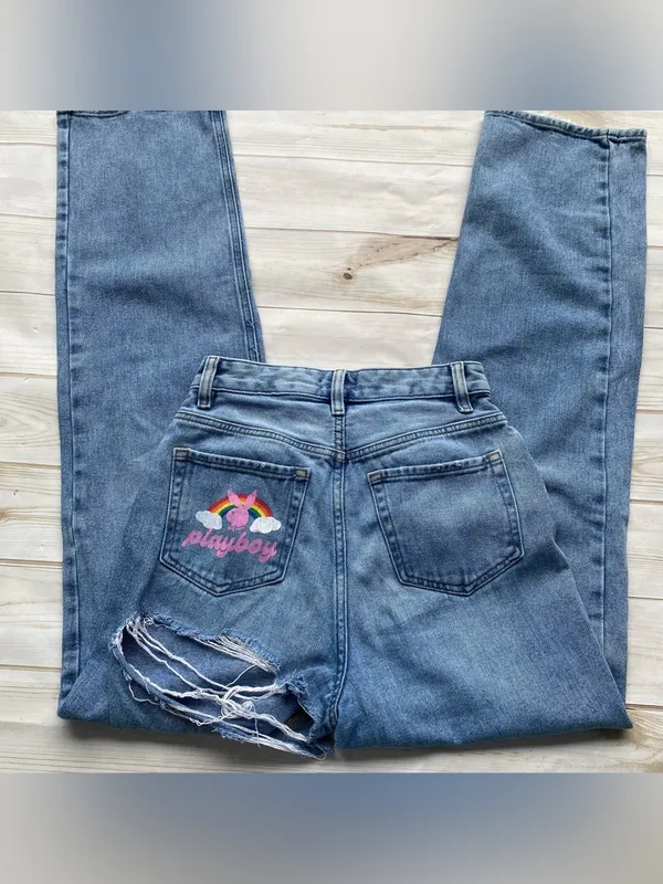 PacSun Playboy high waist straight leg back slash rainbow pocket casual jeans 25 - Image 11