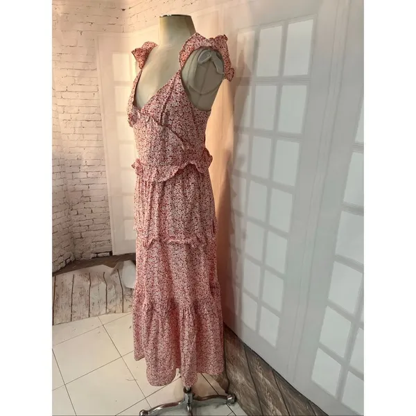 Petal & Pup Red White Deep V-Neck Ruffled Tiered Cutout Back Maxi Sundress Sz 8 - Image 5