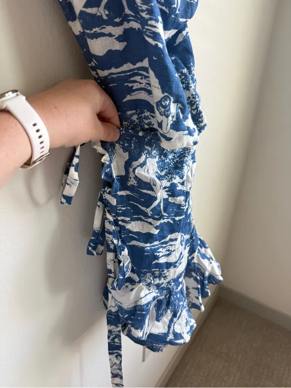 Reformation Toscana One Shoulder Wrap Linen Mini Dress Blue White Size 4 - Image 6