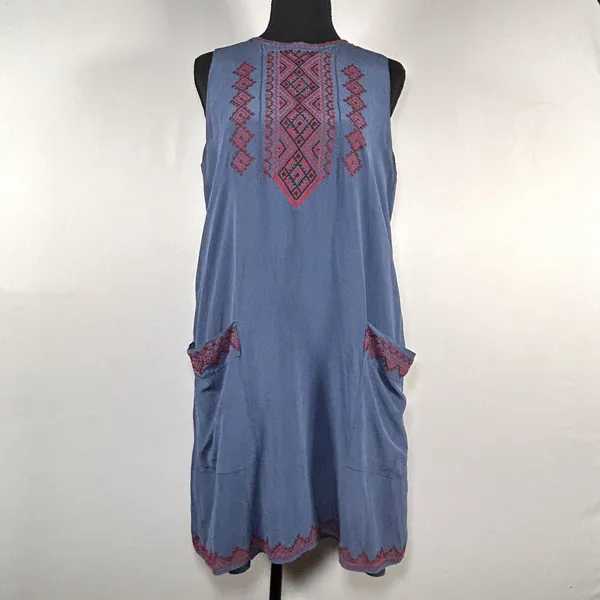 Madewell‎ 100% Silk Boho Geometric Embroidered Shift Dress Blue Red Size L - Image 3