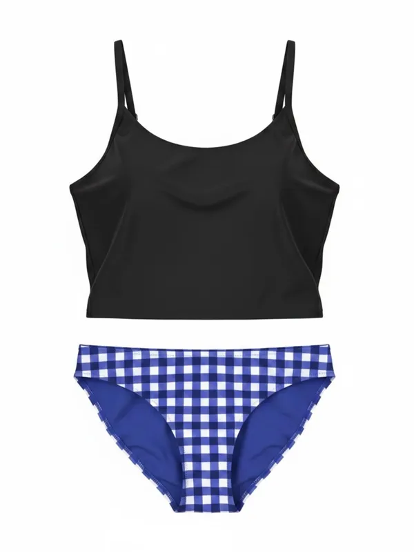 Aerie Black Scoop Bikini Top + Blue Gingham Bikini Bottoms XL 16 Two Piece - Image 2